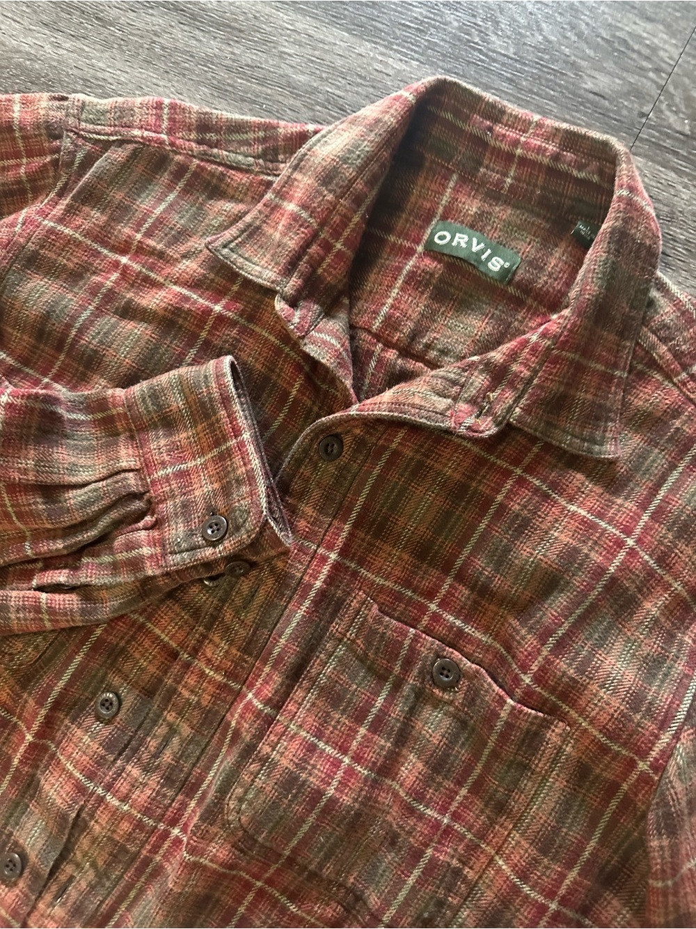 Orvis Perfect Flannel Brown Red Plaid Cotton Long Sleeve Button-Up size L Men’s